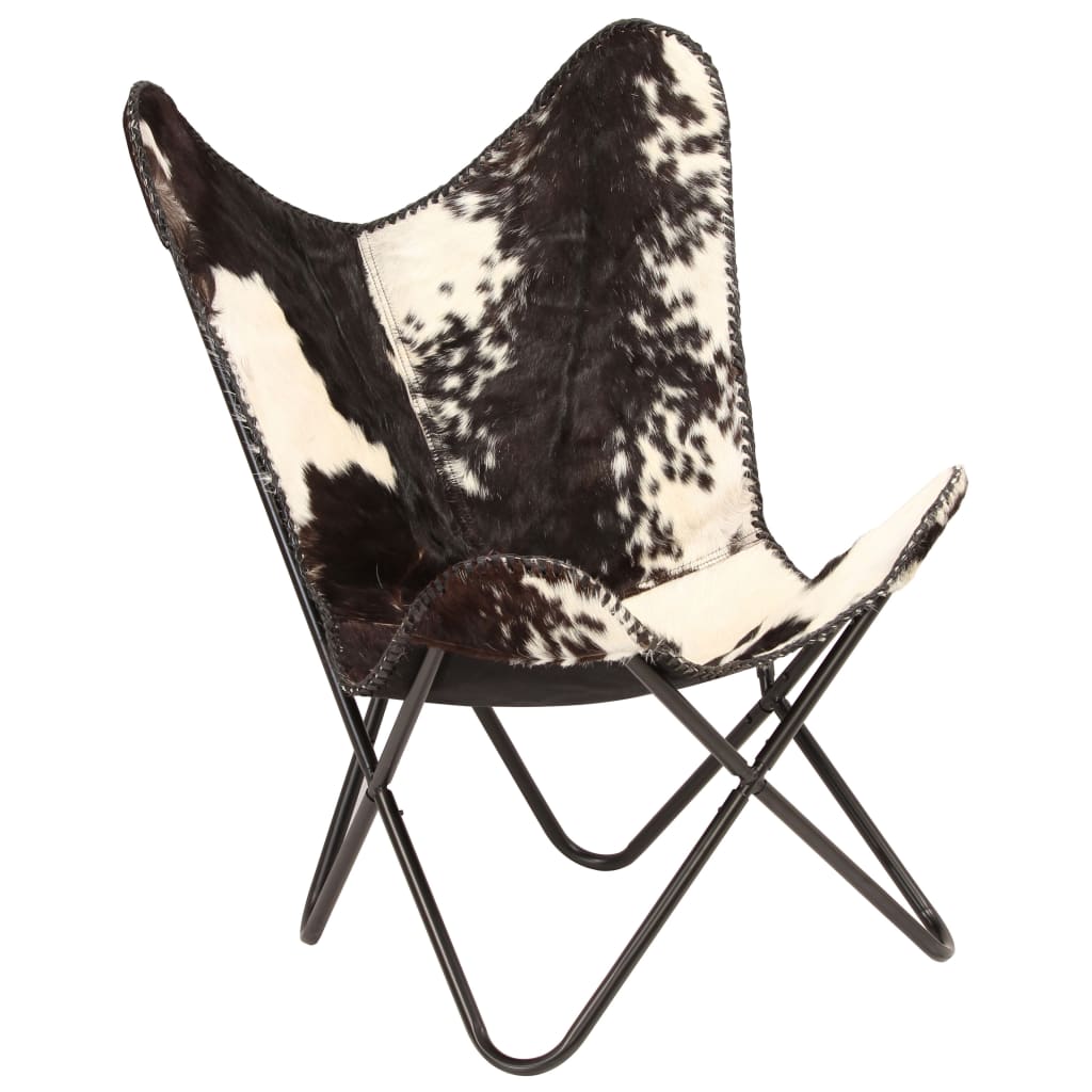vidaXL tauriņa formas krēsls, melns ar baltu, īsta kazas āda