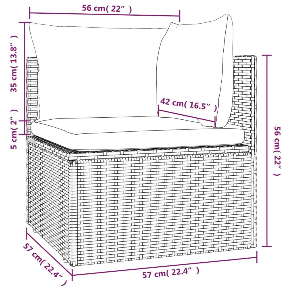 vidaXL dārza stūra dīvāns, matrači, pelēks, 57x57x56cm, PE rotangpalma