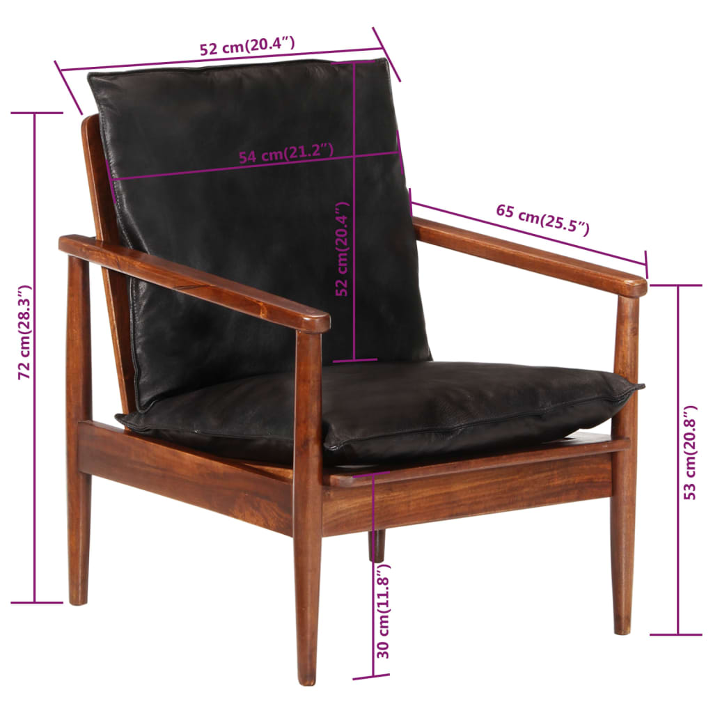 vidaXL atpūtas krēsls, melna dabīgā āda, akācijas masīvkoks