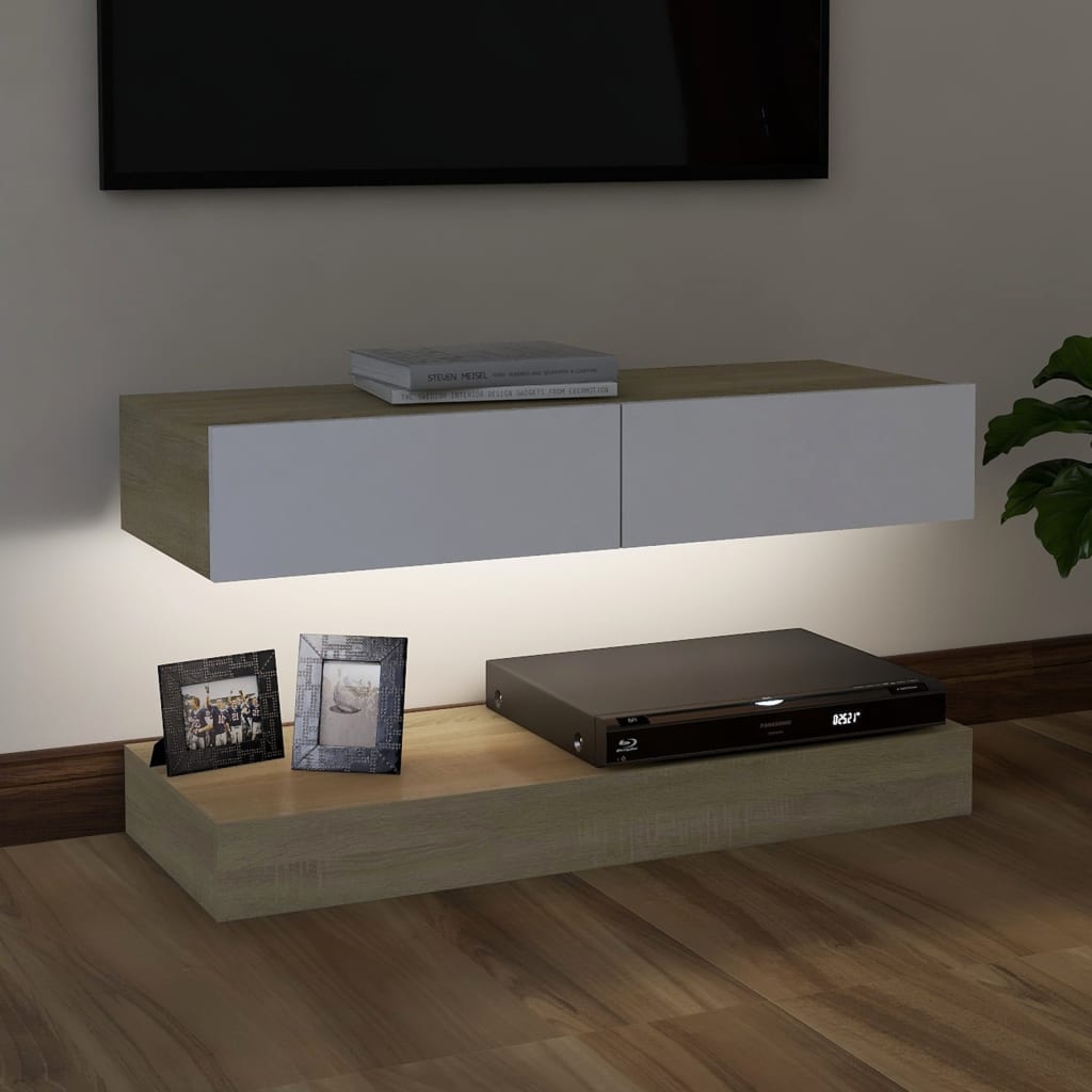 vidaXL TV plaukts ar LED lampiņām, 90x35 cm, baltā un ozolkoka krāsā