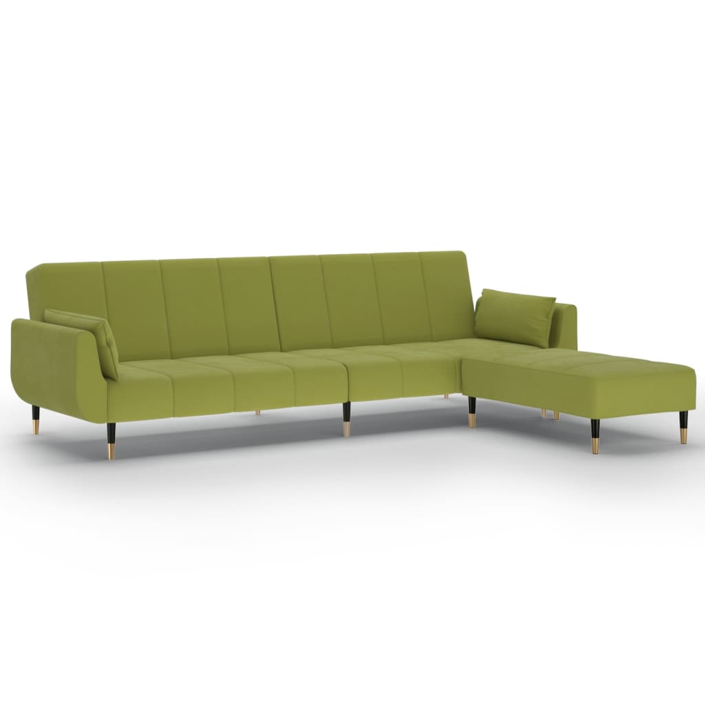 vidaXL 2-vietīga dīvāngulta ar soliņu, divi spilveni, gaiši zaļš samts