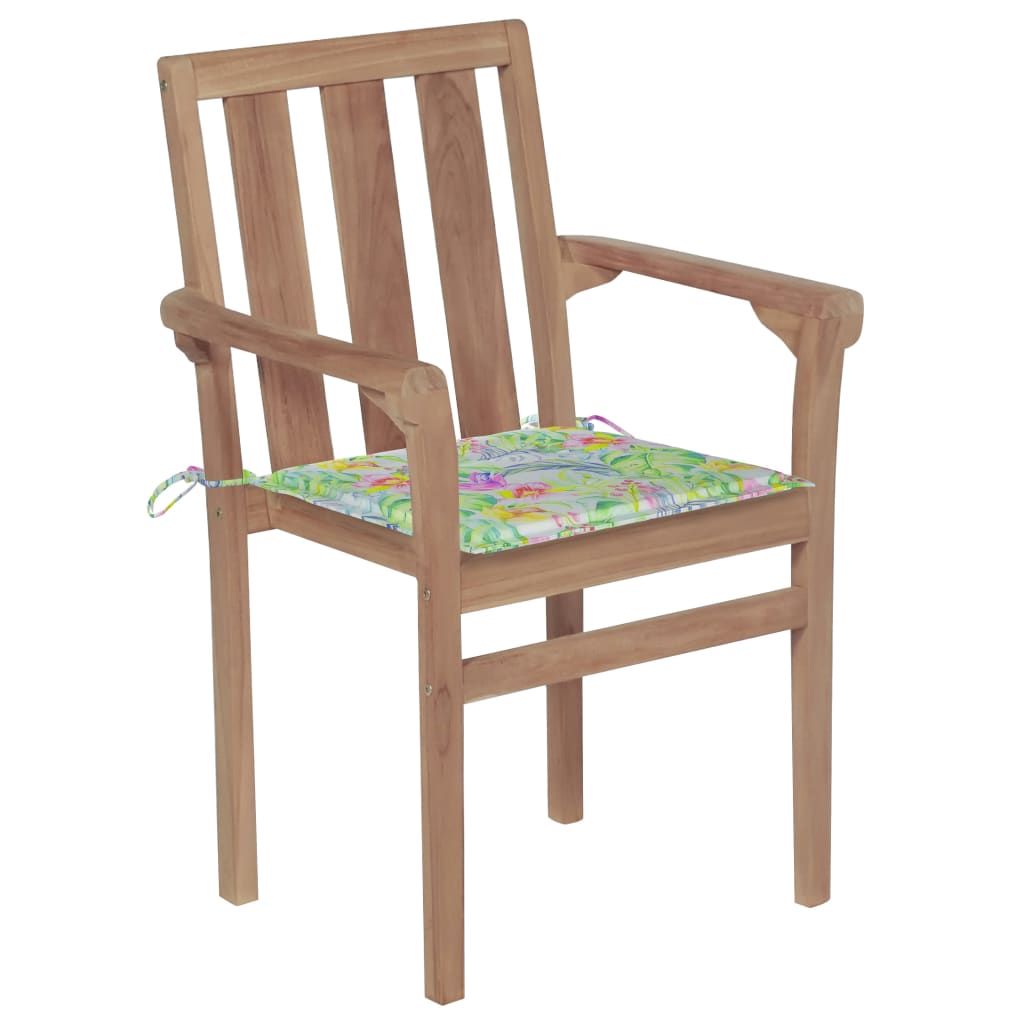 vidaXL dārza krēsli, 2 gab., matrači ar lapu apdruku, masīvs tīkkoks