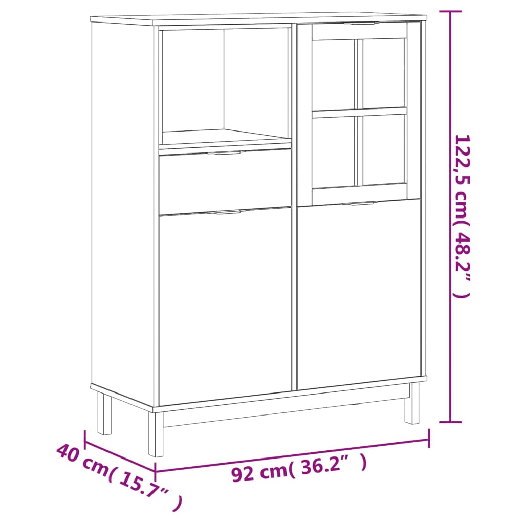 vidaXL kumode ar stikla durvīm FLAM, 92x40x122,5 cm, priede