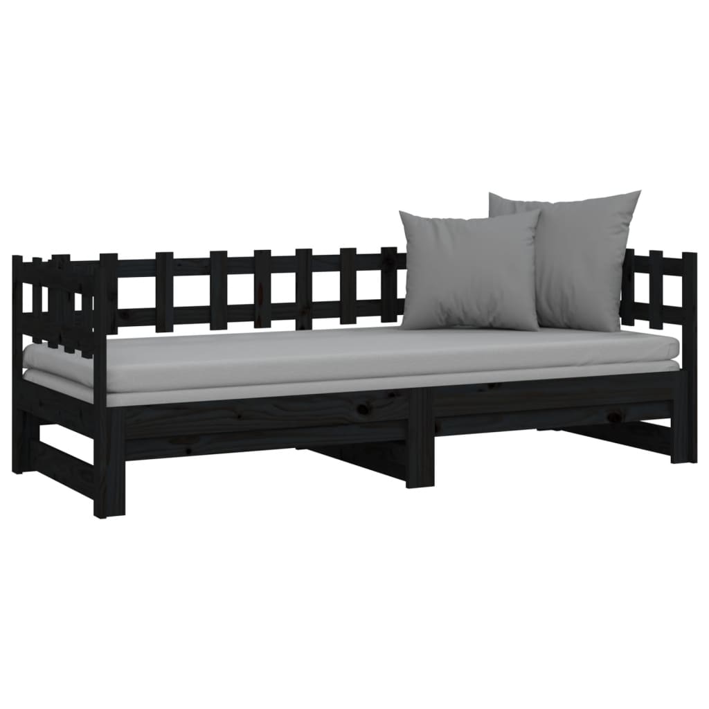 vidaXL izvelkama gulta, melna, 2x(80x200) cm, priedes masīvkoks