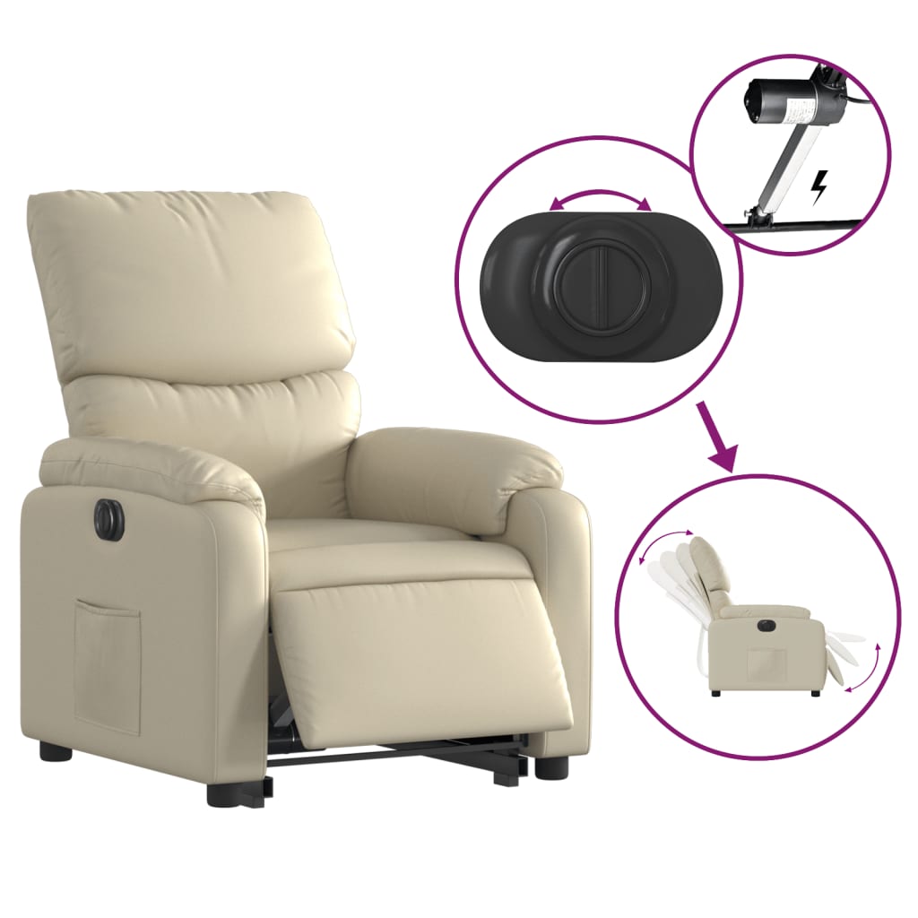 vidaXL elektrisks atpūtas krēsls, paceļams, krēmkrāsas mākslīgā āda