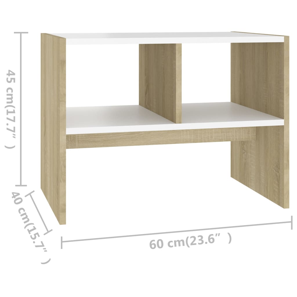 vidaXL galdiņš, baltā, ozolkoka krāsa, 60x40x45 cm, skaidu plāksne