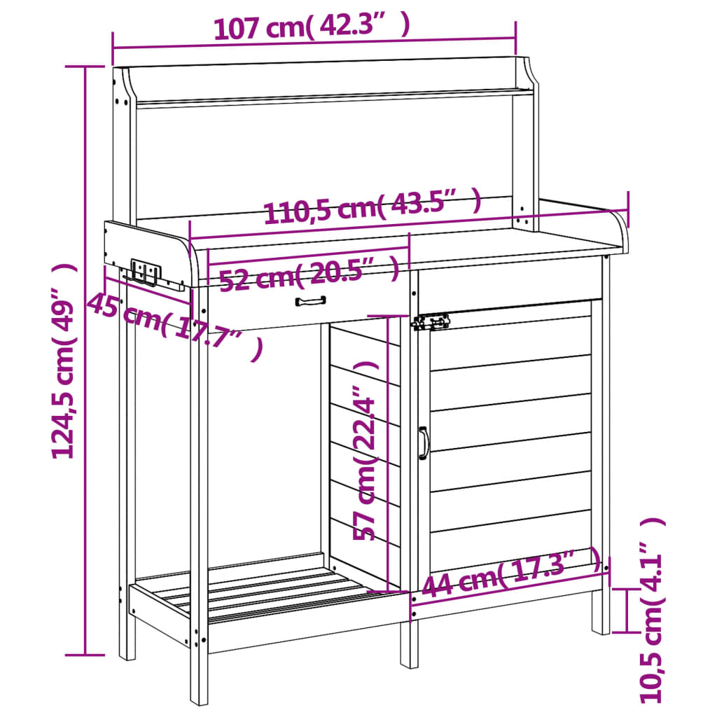 vidaXL stādīšanas galds ar skapīti, brūns, 110,5x45x124,5 cm, egle