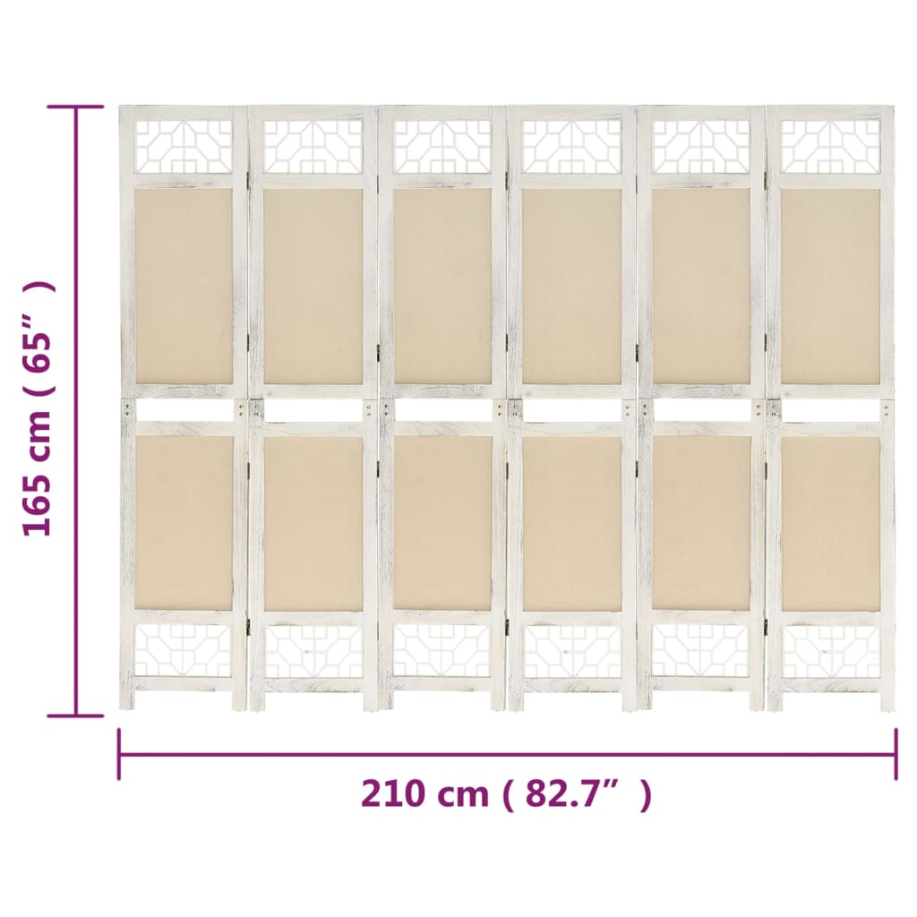 vidaXL 6 paneļu istabas aizslietnis, 210x165 cm, krēmkrāsas audums