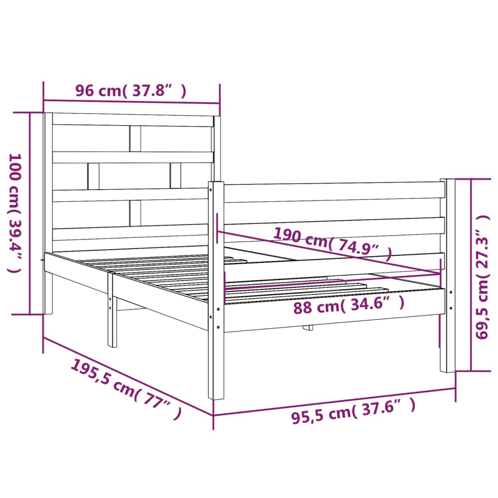 vidaXL gultas rāmis, pelēks, 90x190 cm, vienvietīgs, masīvkoks