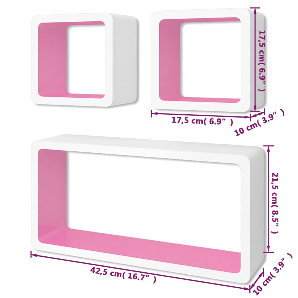 Sienas plaukti, kubi, 3 gab., MDF, balts ar rozā