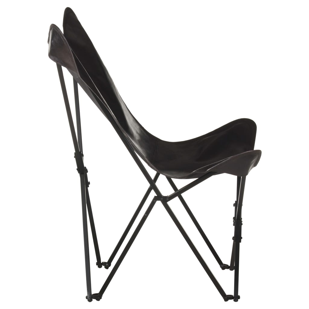 vidaXL tauriņa formas krēsls, saliekams, melna dabīgā āda