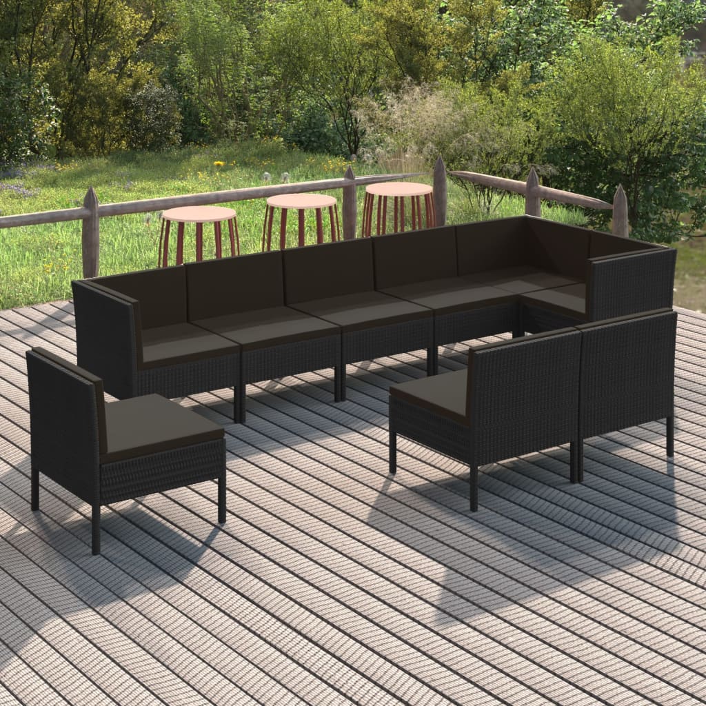 vidaXL 9-daļīgs dārza atpūtas mēbeļu komplekts, melna PE rotangpalma