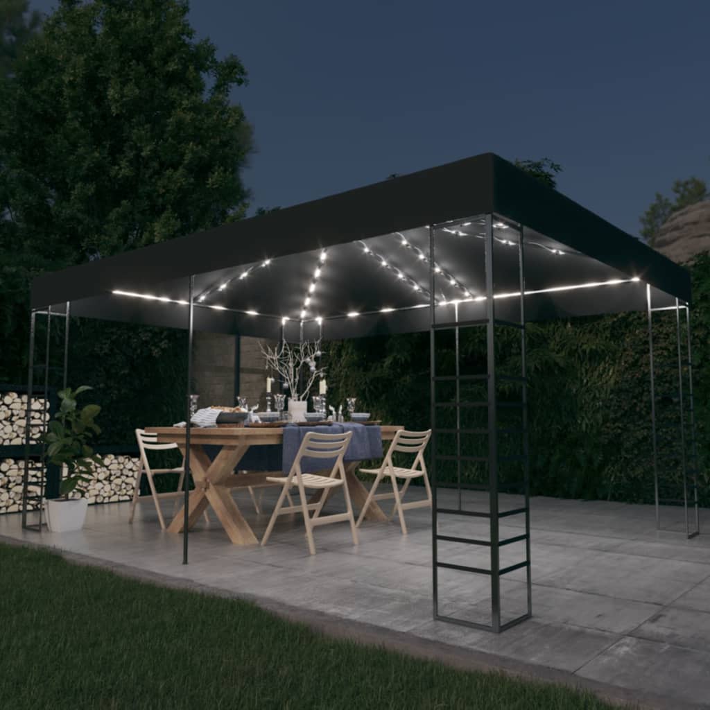 vidaXL dārza nojume ar LED lampiņu virtenēm, 3x4 m, antracītpelēka