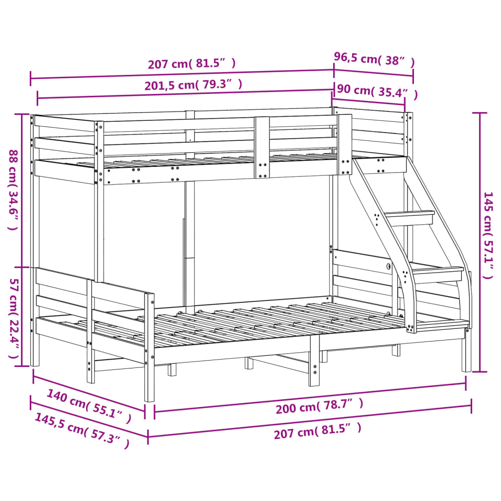 vidaXL divstāvu gulta, 90x200/140x200 cm, priedes masīvkoks
