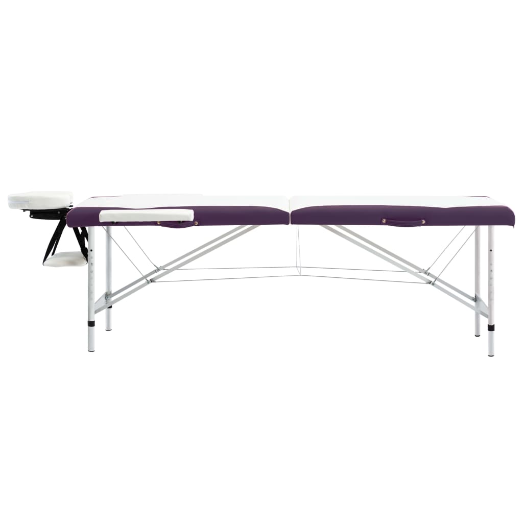 vidaXL saliekams masāžas galds, 2 daļas, alumīnijs, balts ar violetu