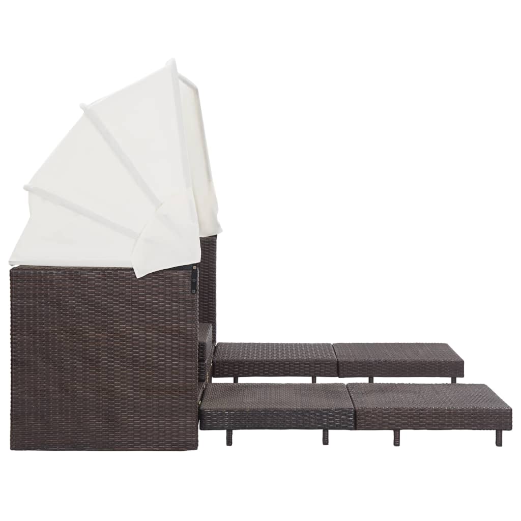 vidaXL izvelkams dīvāns ar jumtu, trīsvietīgs, brūna PE rotangpalma