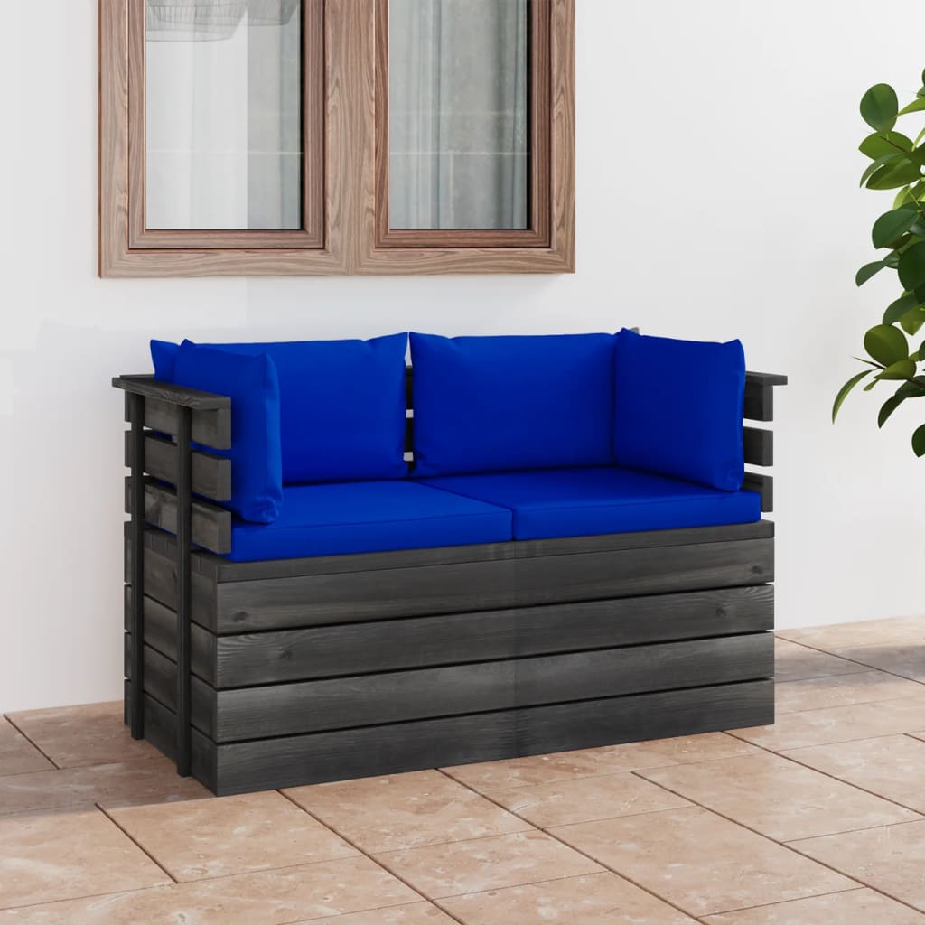 vidaXL 2-vietīgs dārza palešu dīvāns ar matračiem, priedes masīvkoks