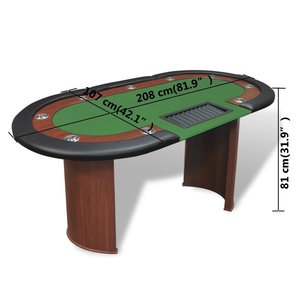 vidaXL pokera galds 10 personām ar vietu dīlerim, žetonu paplāte, zaļš