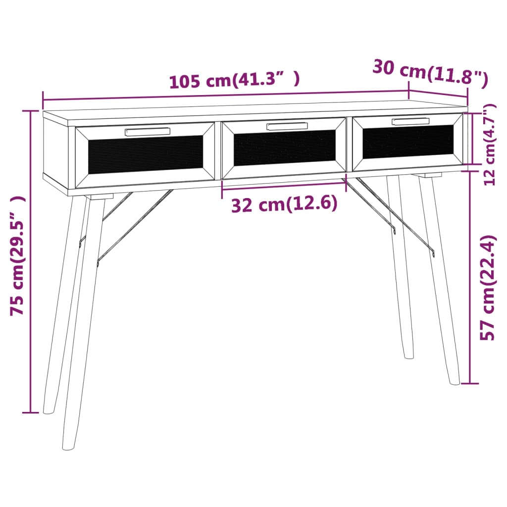 vidaXL konsoles galds, balts, 105x30x75 cm, priedes koks, rotangpalma