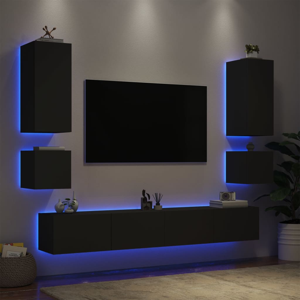 vidaXL TV sienas skapīši ar LED, 6 gab., melni