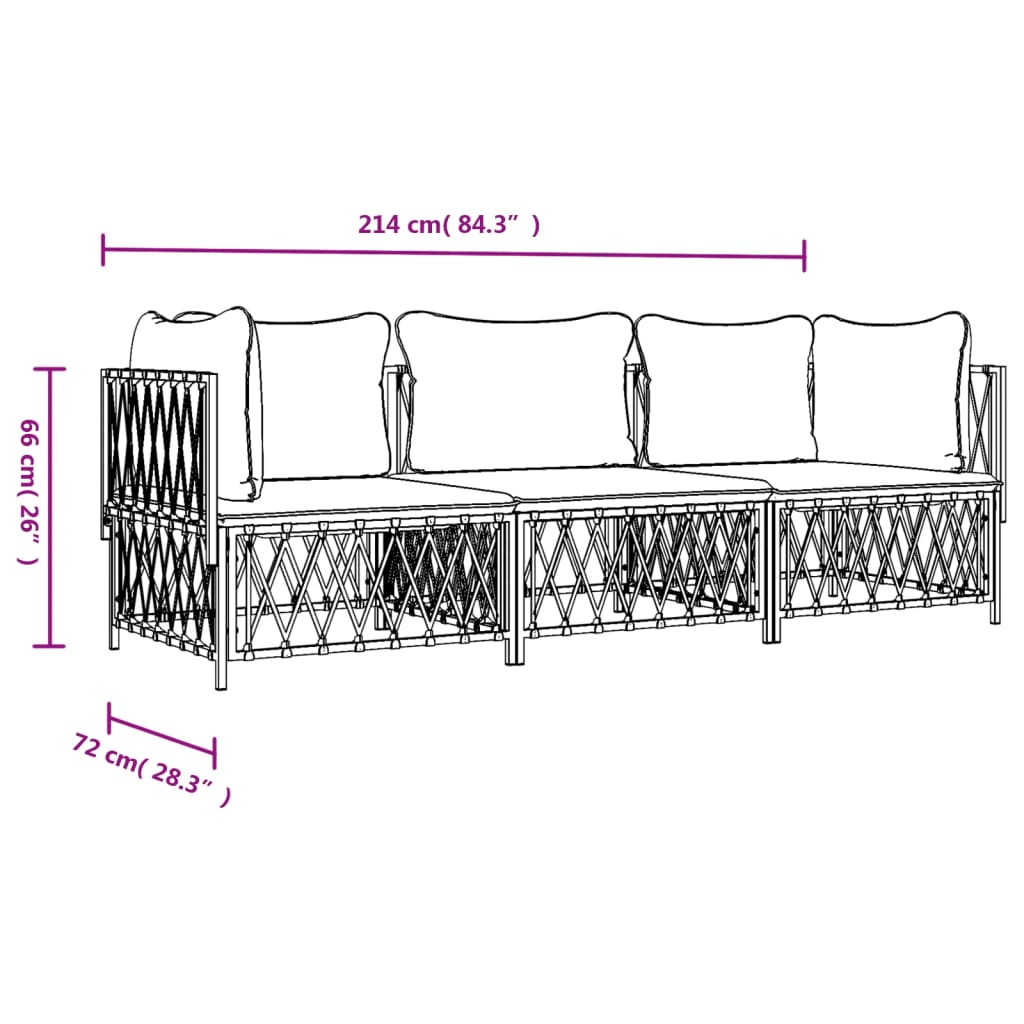vidaXL 3-daļīgs dārza mēbeļu komplekts ar matračiem, balts tērauds