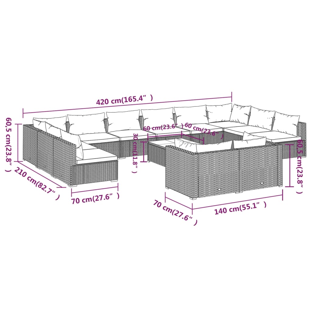 vidaXL 13-daļīgs dārza mēbeļu komplekts, matrači, melna PE rotangpalma