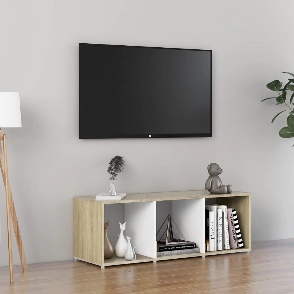 vidaXL TV plaukts, balts un ozolkoka, 107x35x37 cm, skaidu plātne