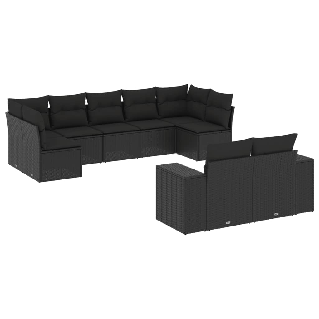 vidaXL 9-daļīgs dārza dīvāna komplekts, matrači, melna PE rotangpalma