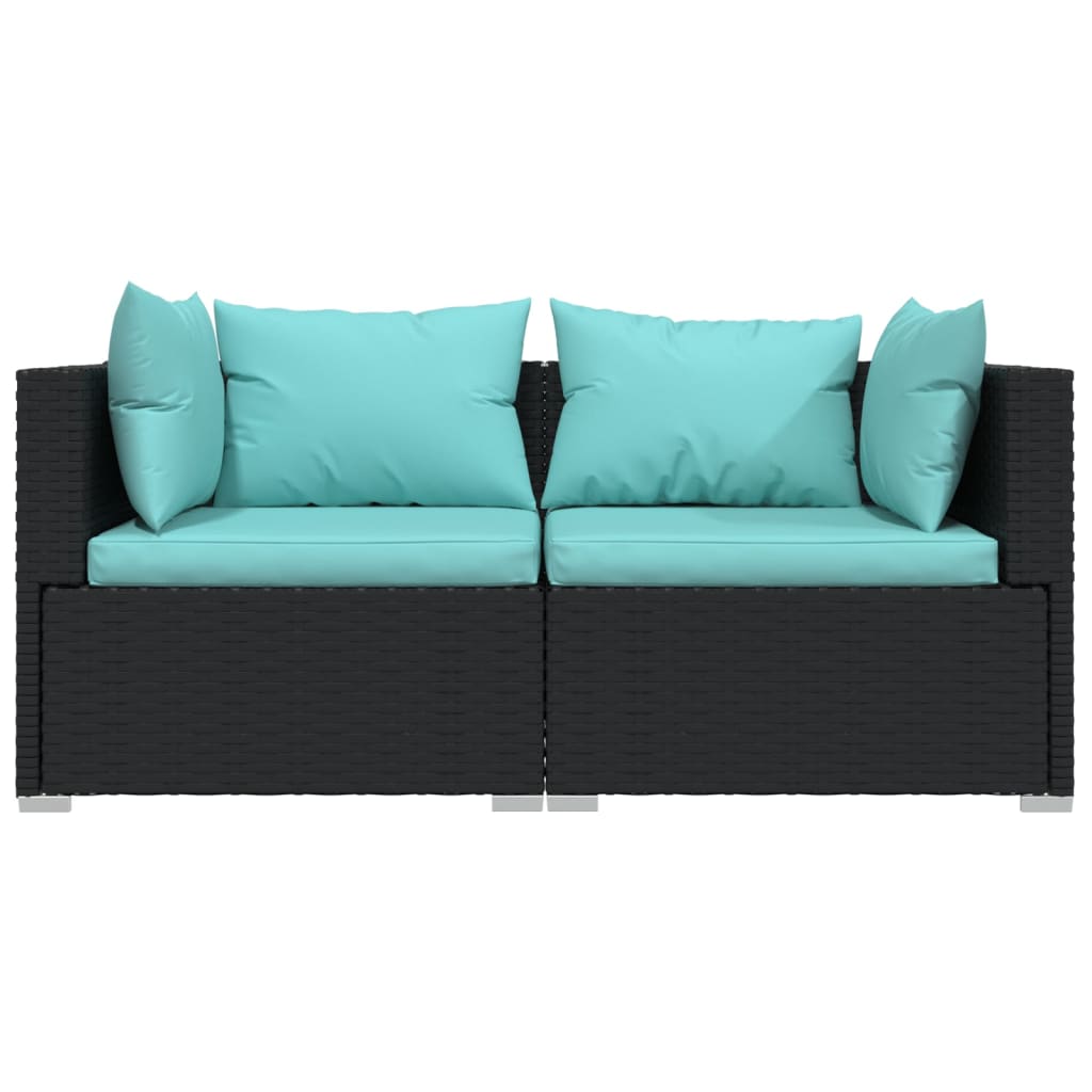 vidaXL divvietīgs dīvāns ar matračiem, melna PE rotangpalma