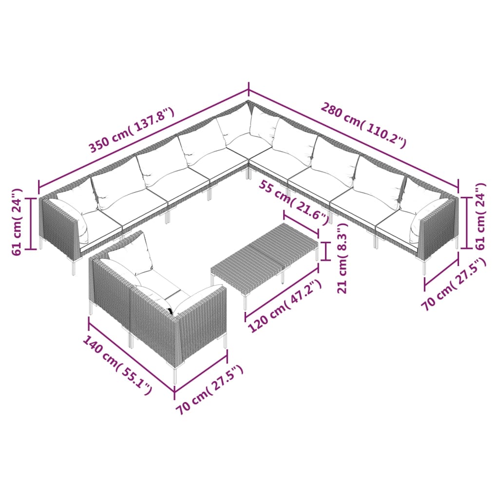vidaXL 12-daļīgs dārza mēbeļu komplekts, matrači,pelēka PE rotangpalma