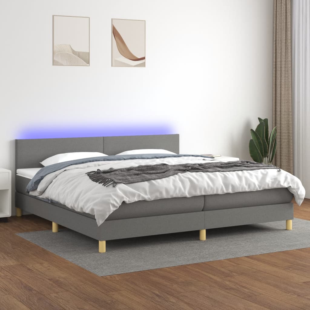 vidaXL atsperu gulta ar matraci, LED, tumši pelēka audums, 200x200 cm