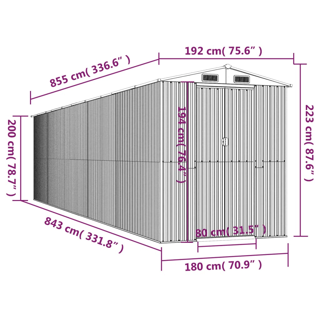 vidaXL dārza šķūnis, antracītpelēks, 192x855x223 cm, cinkots tērauds