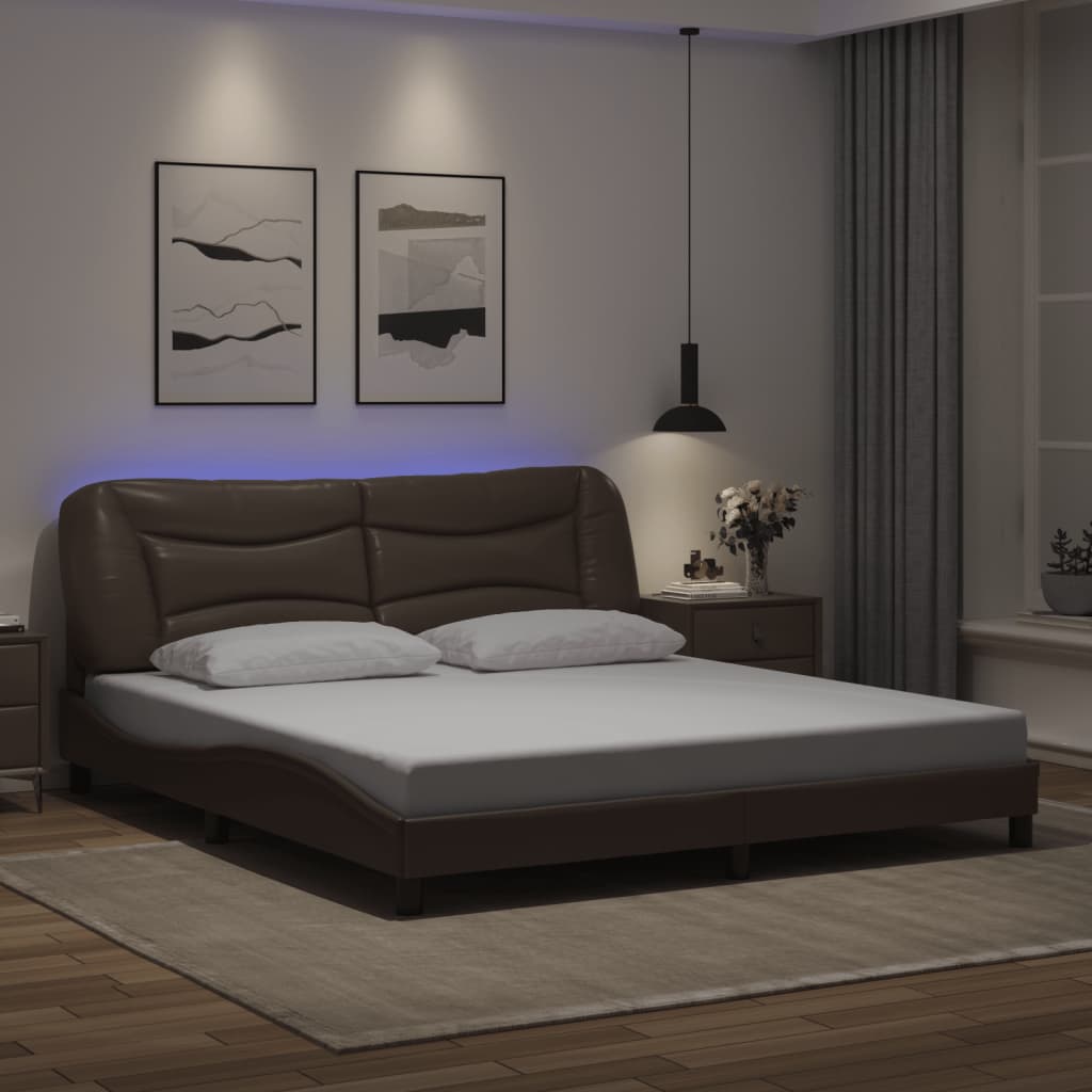 vidaXL gultas rāmis ar LED, brūns, 180x200 cm, mākslīgā āda