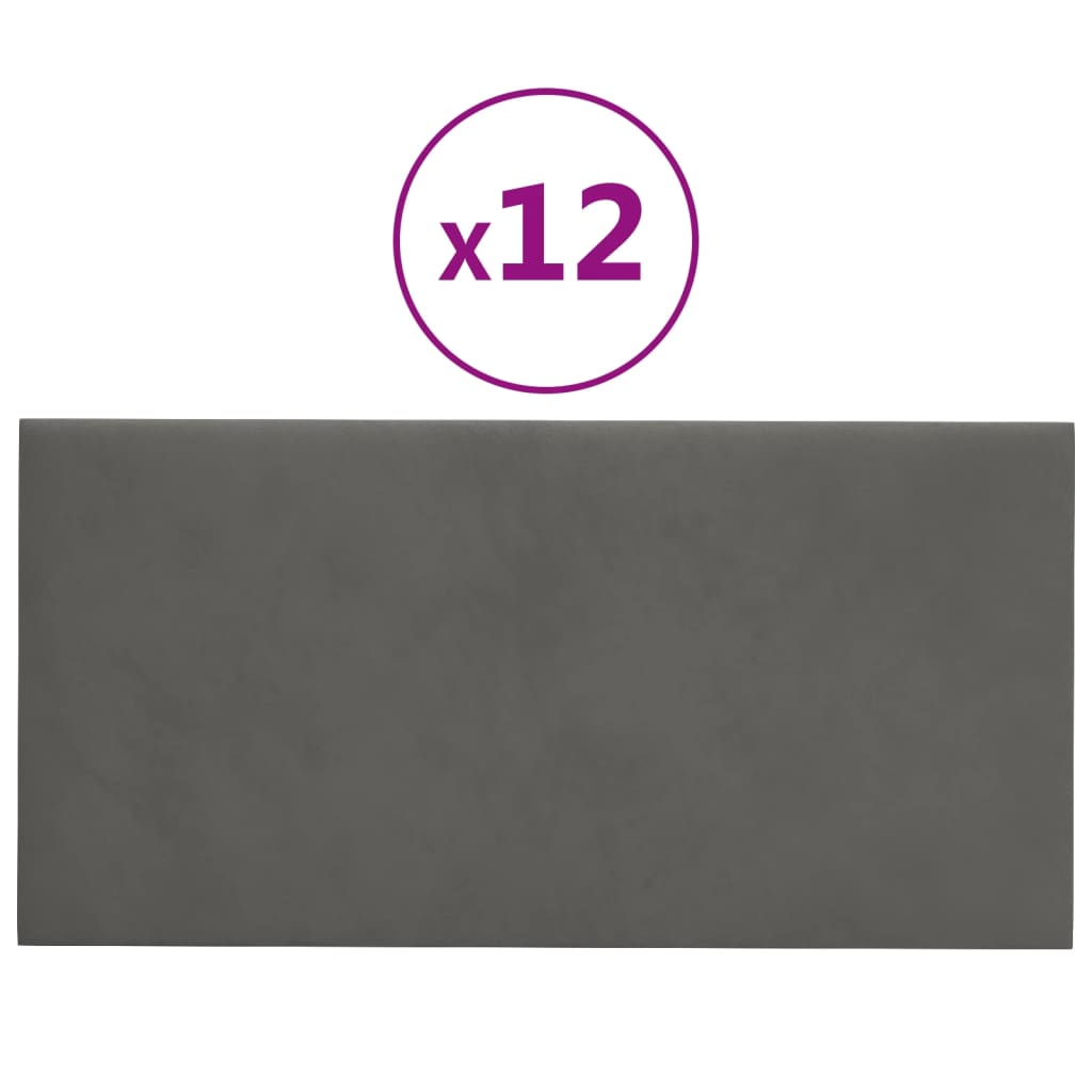 vidaXL sienas paneļi, 12 gab., tumši pelēki, 30x15 cm, samts, 0,54 m²
