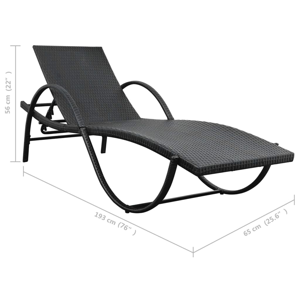 vidaXL sauļošanās zvilnis ar matraci un galdu, melna PE rotangpalma