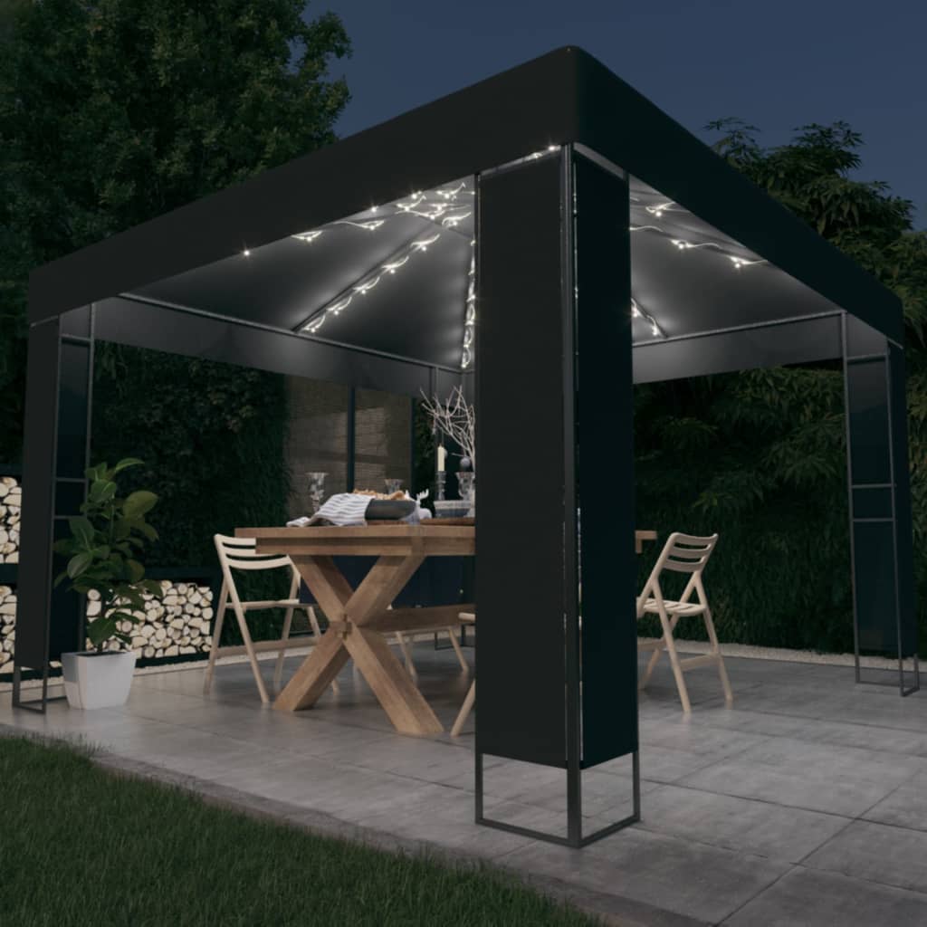 vidaXL dārza nojume ar dubulto jumtu un LED lampiņām, 3x3 m, pelēka