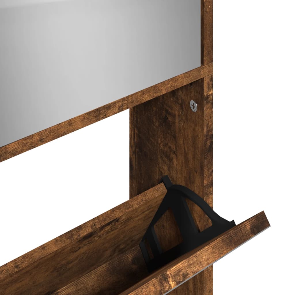 vidaXL apavu plaukts ar spoguli, 4 nodalījumi ozola krāsa 63x17x134 cm