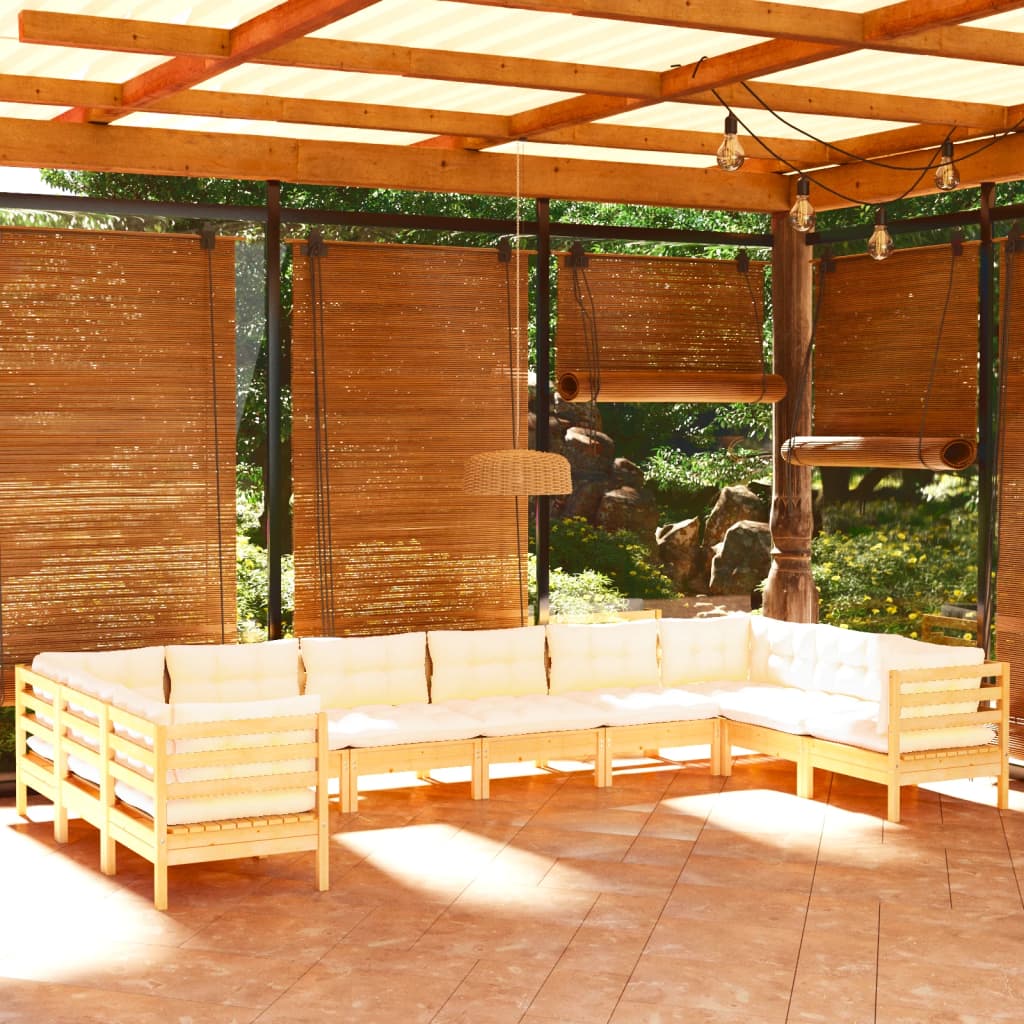 vidaXL 10-daļīgs dārza mēbeļu komplekts ar krēmkrāsas matračiem, koks