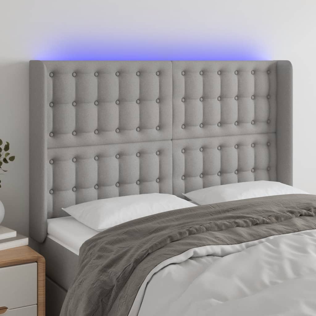 vidaXL gultas galvgalis ar LED, 147x16x118/128 cm, gaiši pelēks audums