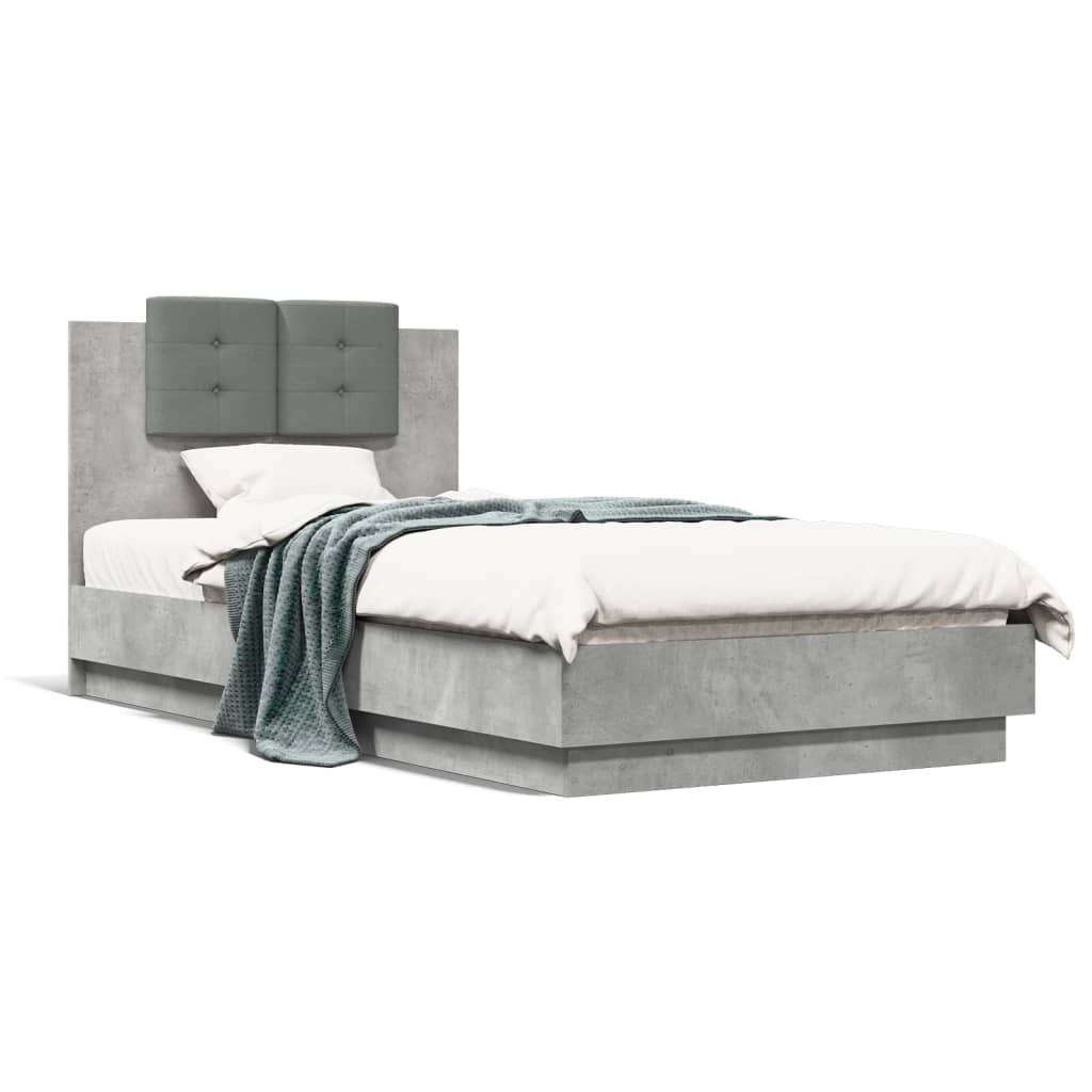 vidaXL gultas rāmis ar galvgali un LED, betona pelēks, 90x190 cm