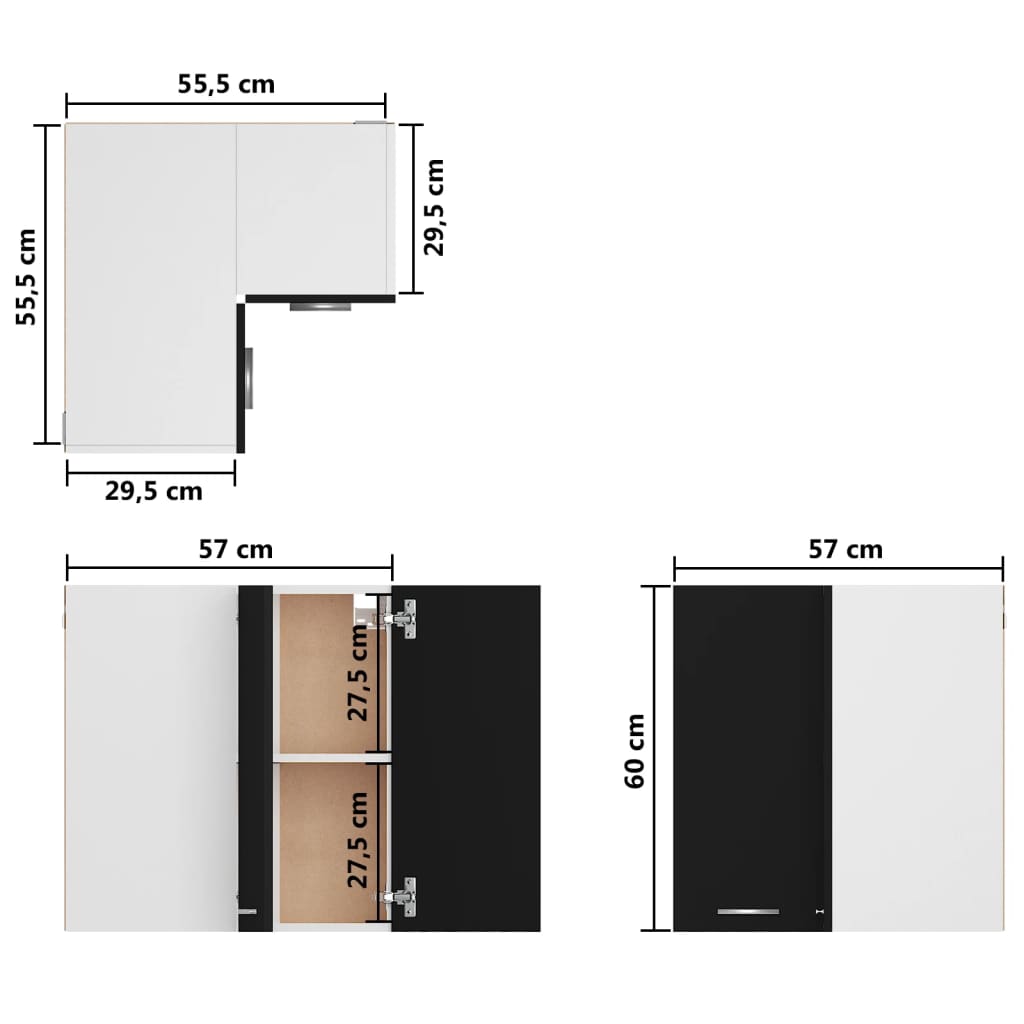 vidaXL piekarams stūra skapītis, melns, 57x57x60 cm, skaidu plāksne
