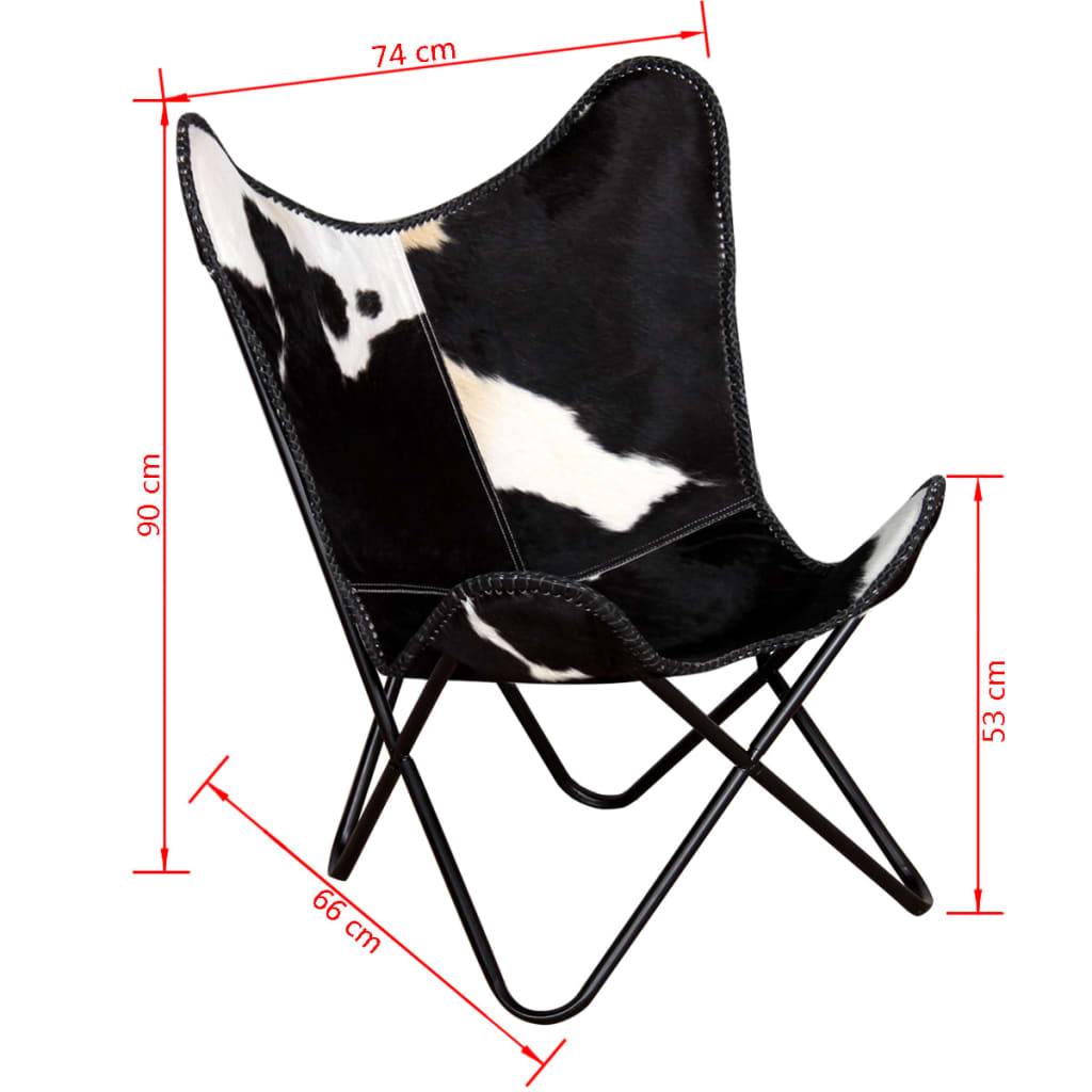 vidaXL tauriņa formas krēsls, melns un balts, dabīga govs āda