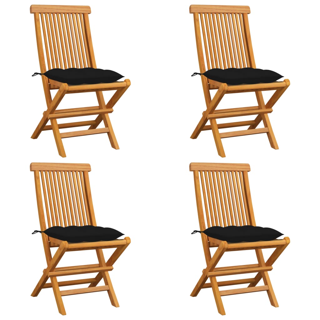 vidaXL dārza krēsli, melni matrači, 4 gab., masīvs tīkkoks