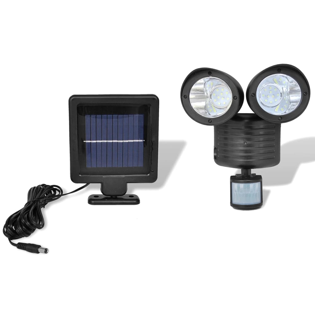 Melns LED Prožektors ar 2 Gaismām, Sensoru un Saules Paneli