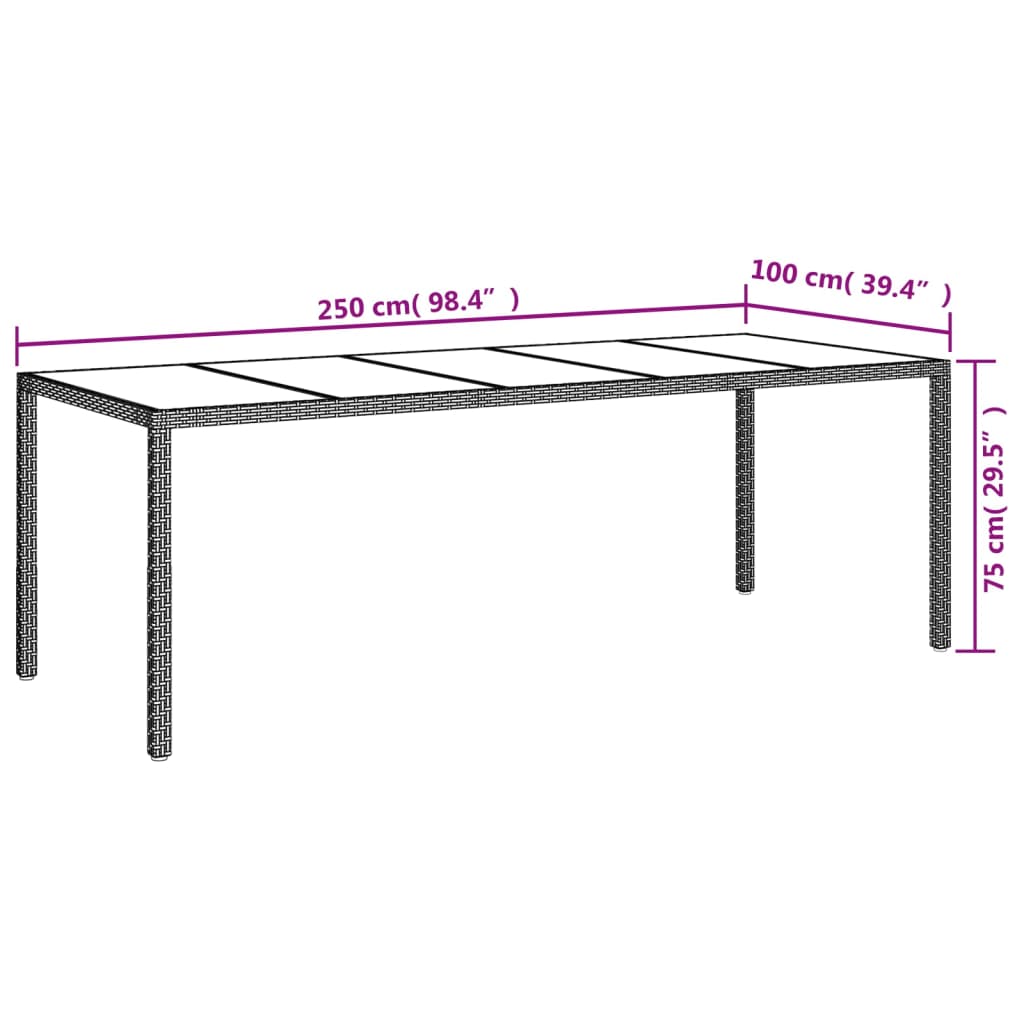 vidaXL dārza galds, 250x100x75cm, PE rotangpalma, rūdīts stikls, balts