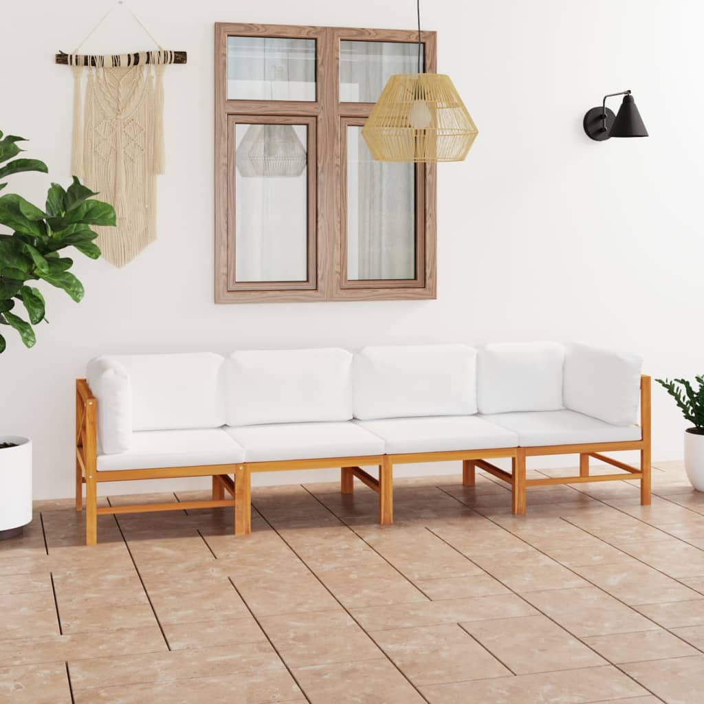 vidaXL četrvietīgs dārza dīvāns, krēmkrāsas spilveni, masīvs tīkkoks