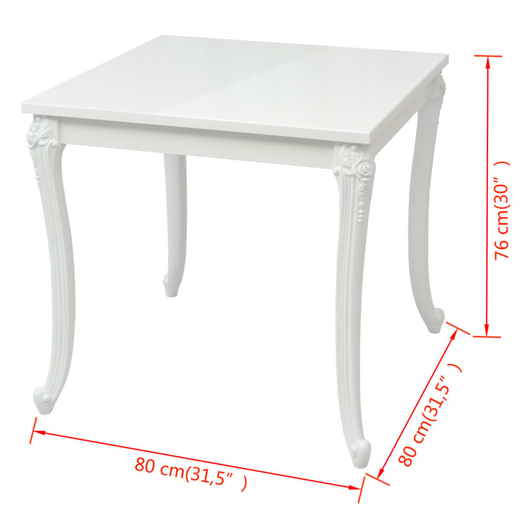 vidaXL spīdīgs virtuves galds, 80x80x76 cm, spīdīgi balts