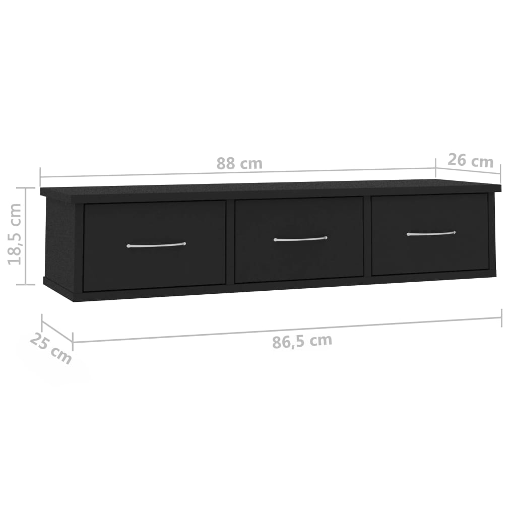 vidaXL sienas atvilktņu plaukts, melns, 88x26x18,5 cm, skaidu plāksne