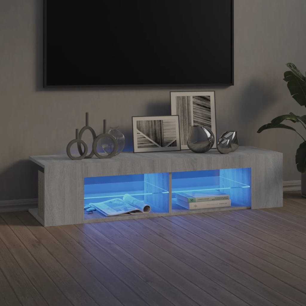 vidaXL TV galdiņš ar LED lampiņām, pelēka ozolkoka, 135x39x30 cm