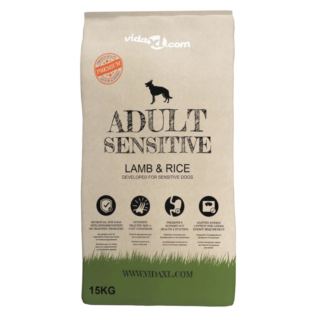 vidaXL suņu sausā barība, Adult Sensitive Lamb & Rice, Premium, 15 kg